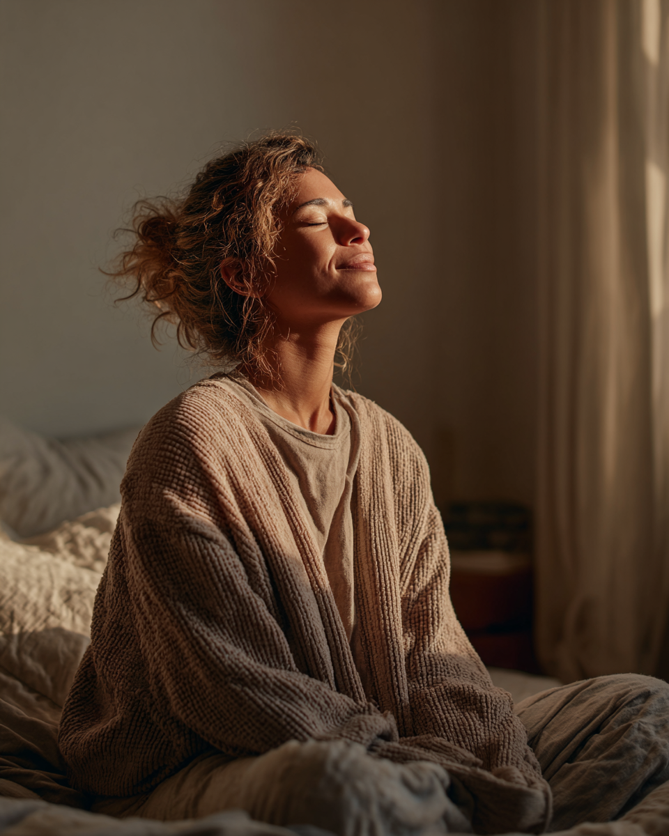 duurzame-transformatie-traject-mindful-living-therapeutics Tevreden vrouw die vreugde en herstel ervaart na een holistisch traject.