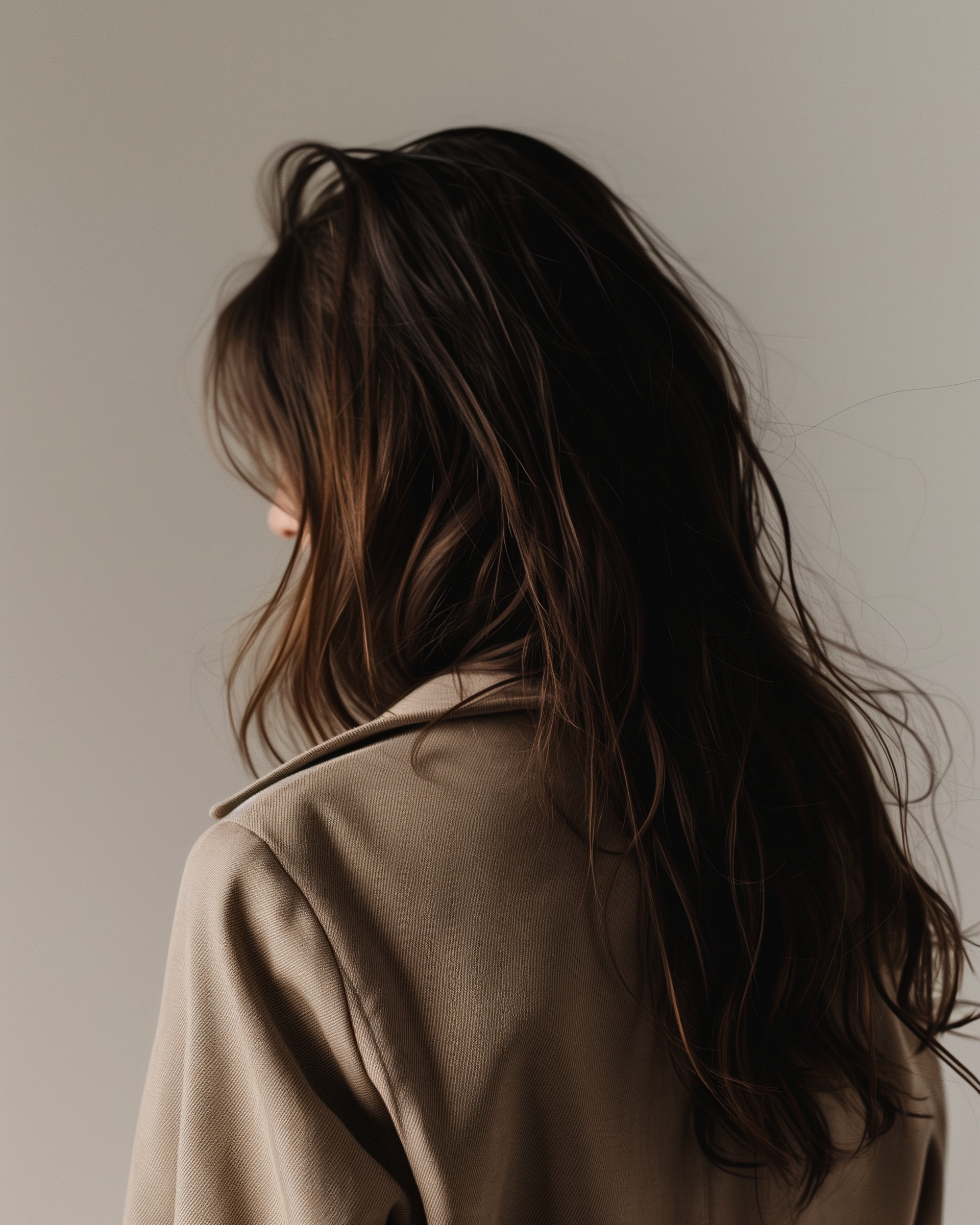 Géraldine Auguste, van achteren gefotografeerd in een bruine regenjas, symbool voor introspectie, bescherming en het pad vooruit op haar persoonlijke tijdlijn bij Mindful Living Therapeutics.