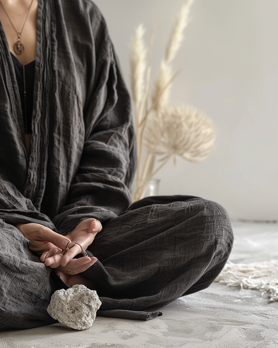 Foto van een vrouw die rustig mediteert in een Lotushouding, illustratie voor de sectie 'Mijn tijdlijn' en de holistische basis van Mindful Living Therapeutics.