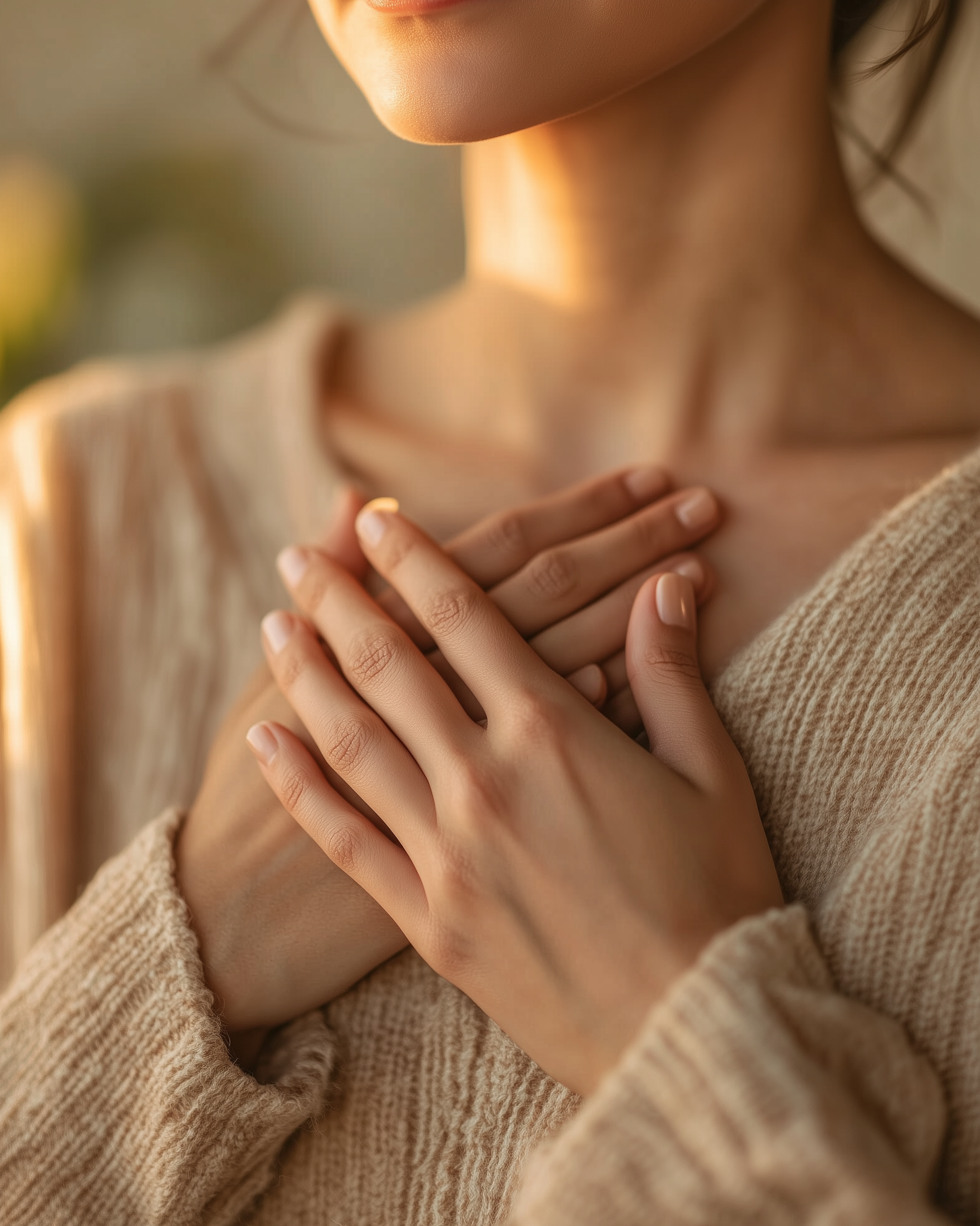 Vrouw met handen op haar hart, uitstraling van zachtheid en zelfliefde bij Mindful Living Therapeutics.