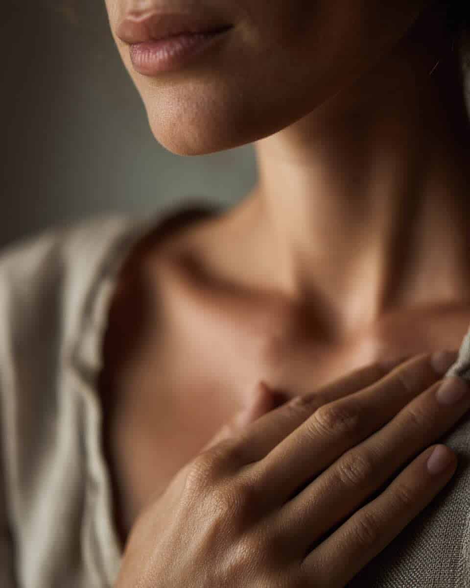 geraldine-auguste-holistisch-therapeut-utrecht-mindful-living-therapeutics Vrouw met haar hand op haar hart als symbool voor zelfzorg, welzijn en het begin van haar holistische reis.